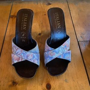 Wooden Italian shoemaker slip on heels with floral pattern size 7.5/38